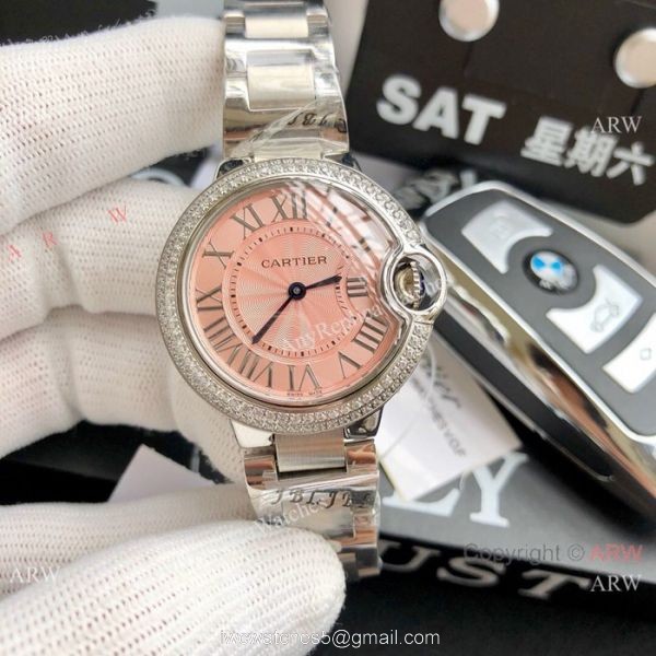 Stainless Steel Pink Dial Womens Fake Cartier Watch 33mm 3