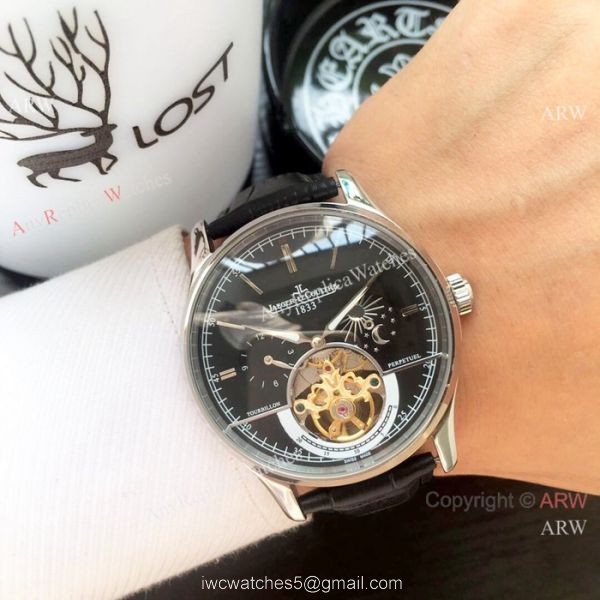 Copy Jaeger-LeCoultre Tourbillon SS Black Leather Strap Watch 3