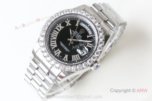N9 Swiss Rolex Presidential Diamond Bezel Replica Watch Day-Date II SS Black Face 3