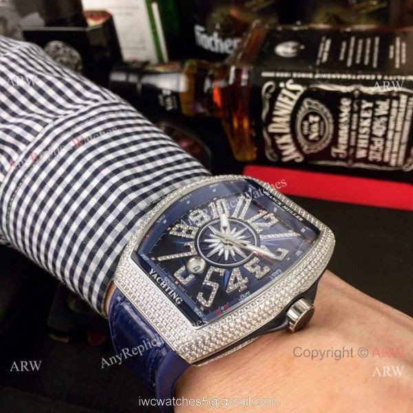 Swiss Copy Franck Muller Iced Out Rose Gold Blue Dial Watch Vanguard Yachting V45 Collection 3