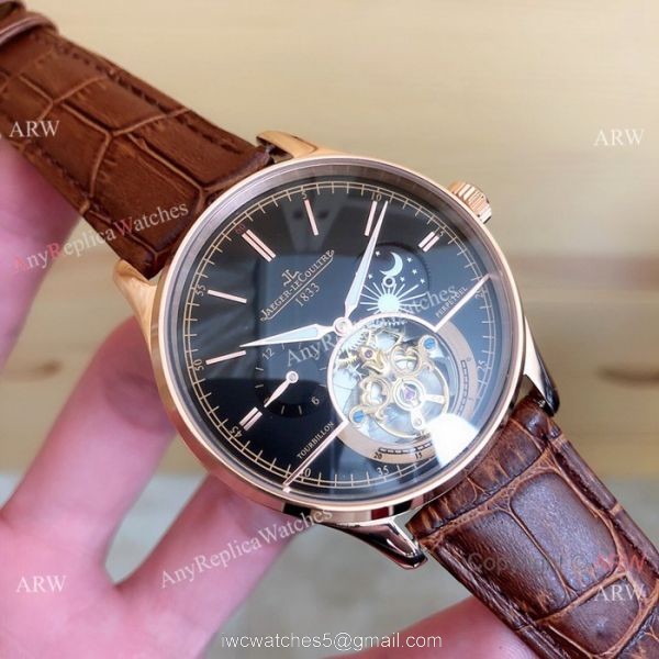Fake Jaeger LeCoultre Master Tourbillon Moonphase Watch Black Leather Band 3