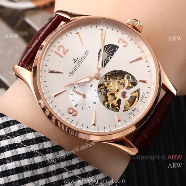 Fake Jaeger LeCoultre Tourbillon White Dial Black Leather Band Watch 42mm 3