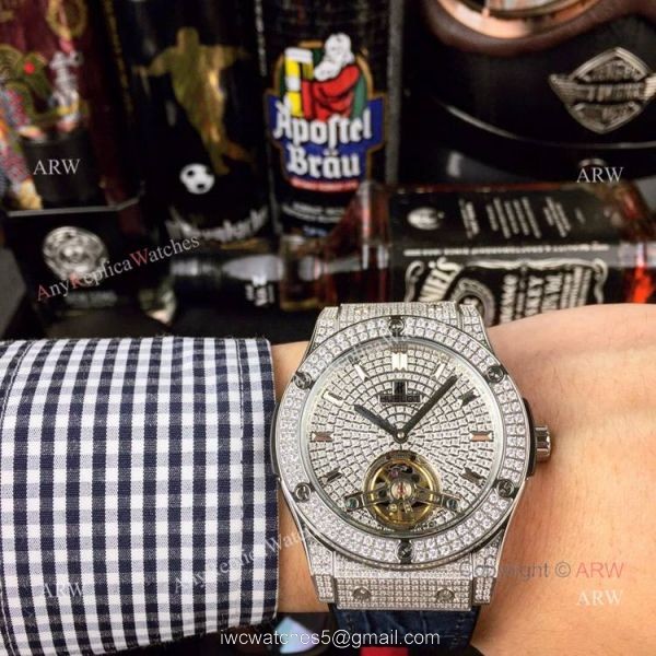 Iced Out Hublot Classic Fusion Watch Replica Rose Gold Gray Gummy Strap 3