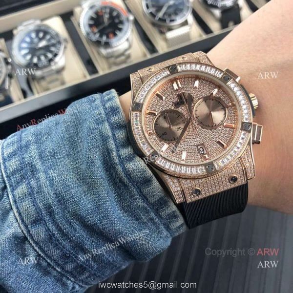 Iced Out Hublot Knock off Watches Classic Fusion SS Black Rubber Strap 3
