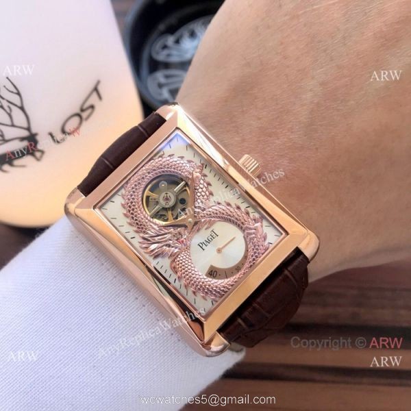 2019 Copy Piaget Black Tie Dragon watches Gold Case Brown Strap 3