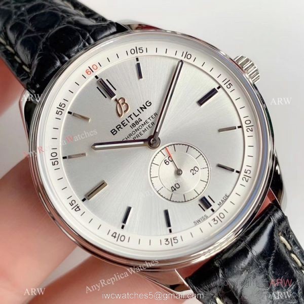 Swiss ETA Breitling Premier Replica Watch Silver Dial Black Leather Strap 3
