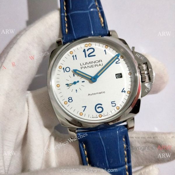 Copy Panerai Luminor Due PAM906 42mm Watch SS Blue Leather Strap 3