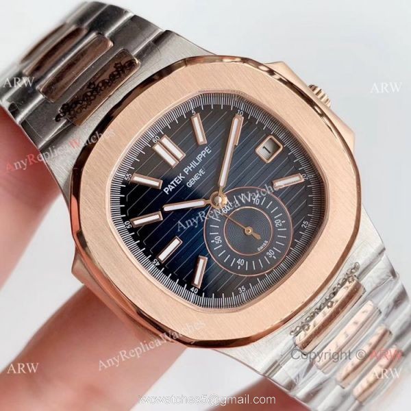Swiss Grade One Copy Patek Philippe Nautilus watch 2-Tone Rose Gold Blue Dial 3