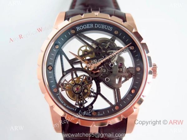 Swiss Replica Roger Dubuis Excalibur Rose Gold Skeleton BBR Factory 505SQ Watch 3