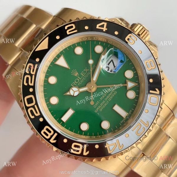 (EW) Replica Rolex GMT Master II Swiss ETA 2836 Yellow Gold Green Dial Watch 3