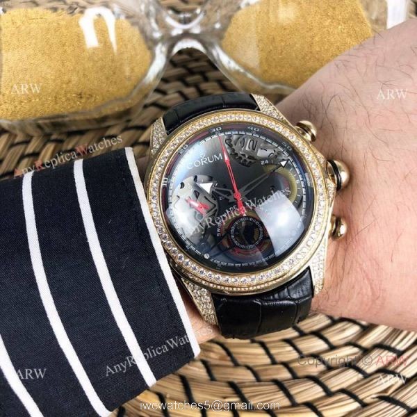 Replica Bubble Corum Watch Diamond Bezel Gold Case Silver Chronograph Dial 3