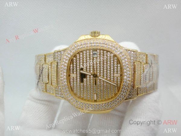 Swiss Replica Patek Philippe Nautilus Jumbo Gold Iced Out Watch 39.5mm 3