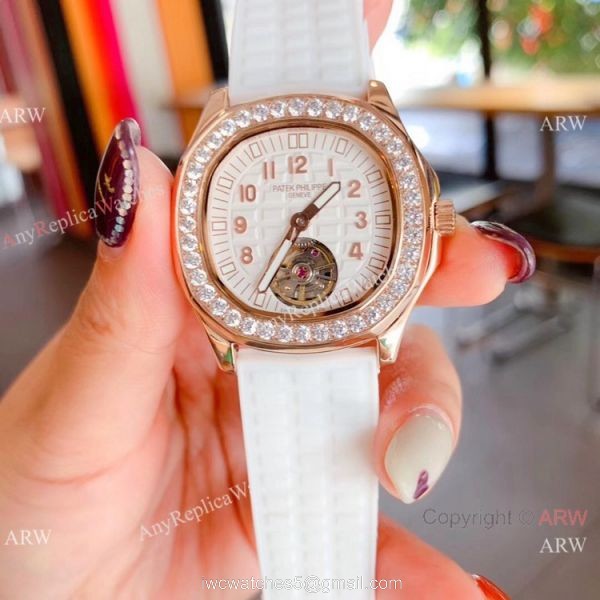 Clone Patek Philippe Aquanaut Tourbillon Women Watches Rose Gold Diamond Bezel 3