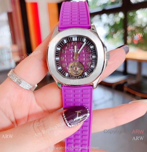 Copy Patek Philippe Tourbillon Black Rubber Strap Watches Women Size 3