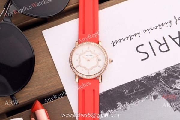 Copy Cartier Red Leather Strap Rose Gold Diamond Quartz Watch 35mm 3