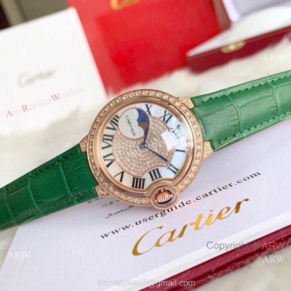 Ballon Bleu de Cartier 36mm Replica Watches Gold Diamond Green Leather Band 3