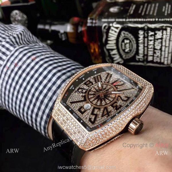 Swiss Quality Franck Muller Vanguard Yachting v45 Watch Rose Gold Diamond Blue Gummy strap 3