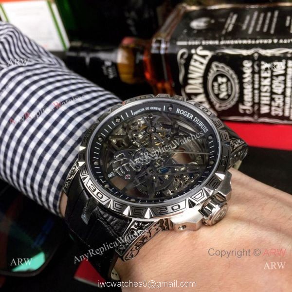Copy Roger Dubuis Excalibur 46 Skeleton Men Watch SS Black Leather Strap 3