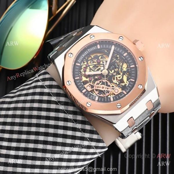 High Quality Fake AP Skeleton Royal Oak Rose Gold Black Dial Watch 3