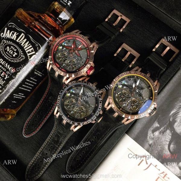 Best Replica Roger Dubuis Excalibur Double Tourbillon Watch Rose Gold Skeleton Face 3
