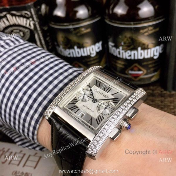 New Copy Cartier Tank Francaise watch SS Diamond Black Leather Band 3