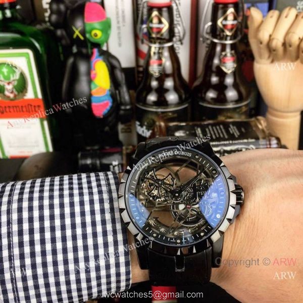 Copy Roger Dubuis Excalibur Flying Tourbillon Watches SS Gray Leather Strap 3