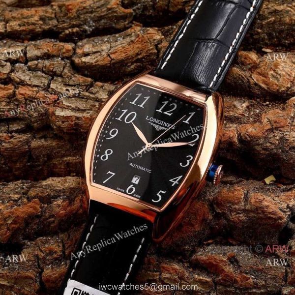 Copy Longines Evidenza Men Watches Black Dial Black Leather Strap 3
