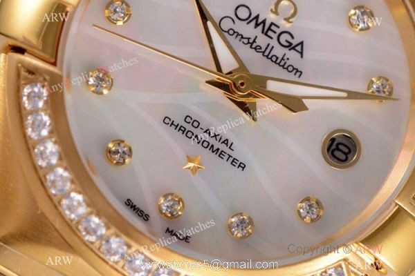 Swiss Replica Omega Constellation 27mm Watch Yellow Gold Pink MOP Dial 3