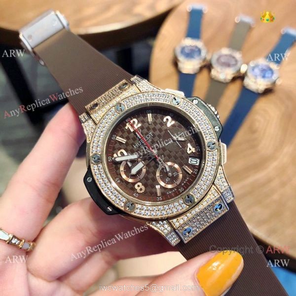 Copy Hublot Big Bang Rose Gold Diamond Blue Dial Watches 3