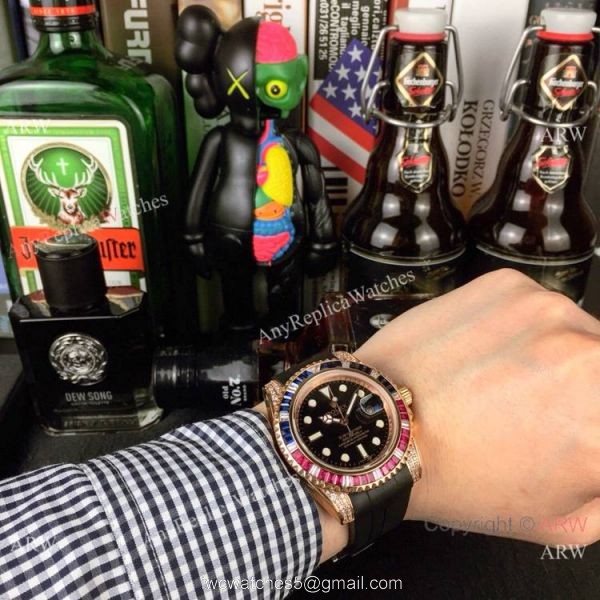New Rolex Submariner Rose Gold Rubber Strap Watch Rainbow Bezel 3