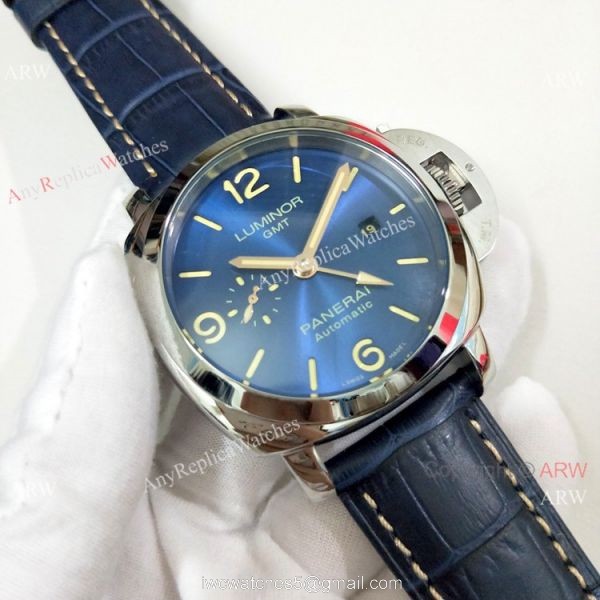 High Quality Panerai Luminor GMT PAM00320 Watch Blue Dial Blue Leather Strap 3