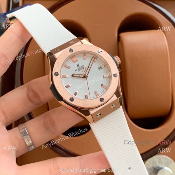 Copy Hublot Classic Fusion Lady Quartz Watch Rose Gold Brown Face 3