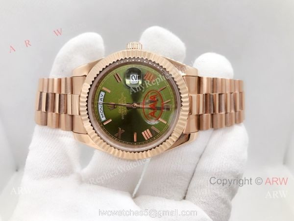 Copy Rolex Day Date 40mm Watch Green Dial Rose Gold President Band 3
