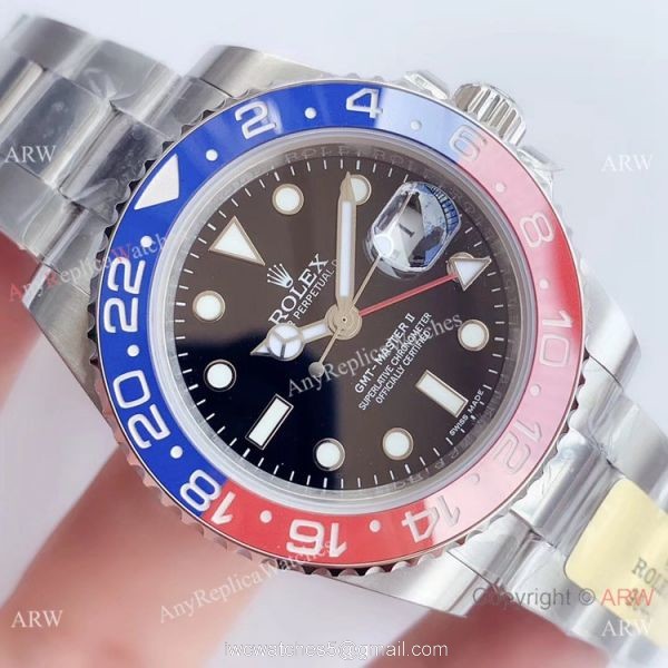 UN factory/904L/Swiss 3285 Rolex Gmt Master II Pepsi Replica Watch Black Dial Oyster Band 3