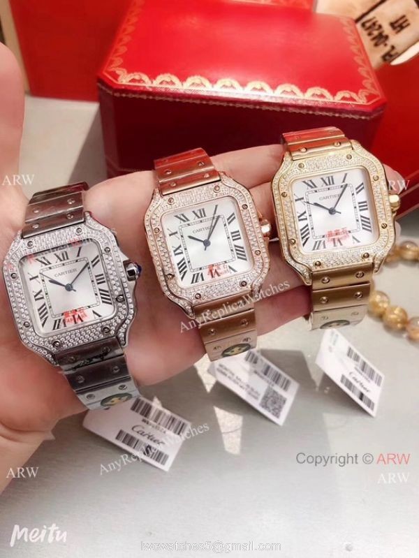 Fake Cartier Santos 100 Diamond Watch Stainless Steel Silver Roman Dial 3