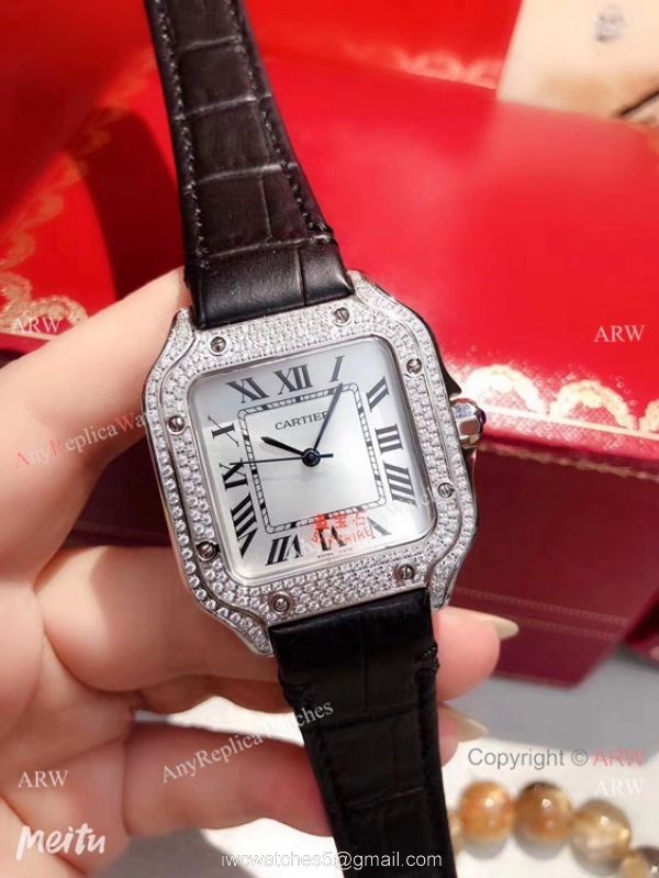 Cartier Santos 100 Diamond Replica Watch SS Diamond Case Blue Leather Strap 3