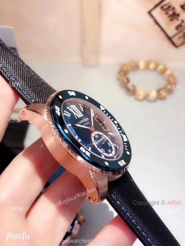Copy Cartier Calibre De Diver Rose Gold Black Face Watches 3