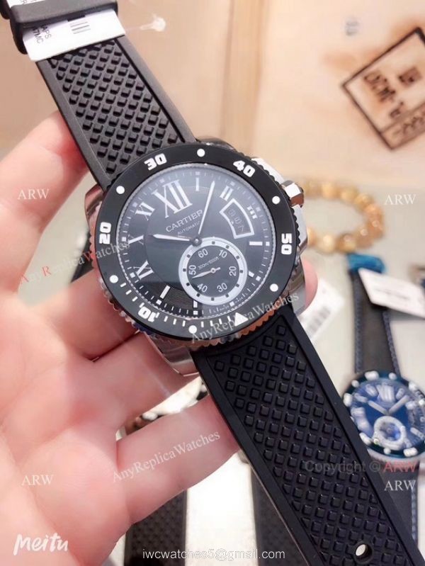 Copy Cartier Calibre De Diver SS Blue Rubber Strap Watch Low Price 3