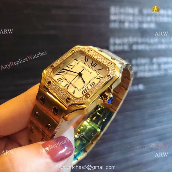 New Fake Cartier Santos 100 Diamond QUARTZ Watch Stainless Steel White Dial 3