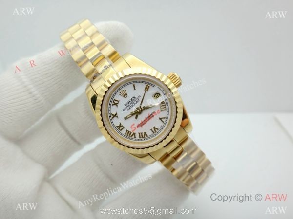 Copy Rolex Datejust Gold White Face Presidential Watch 26mm for Lady 3
