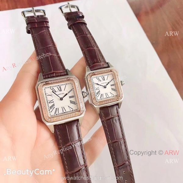 2019 New Cartier Santos Diamond Replica Watch Black Leather Strap Gold Bezel 3