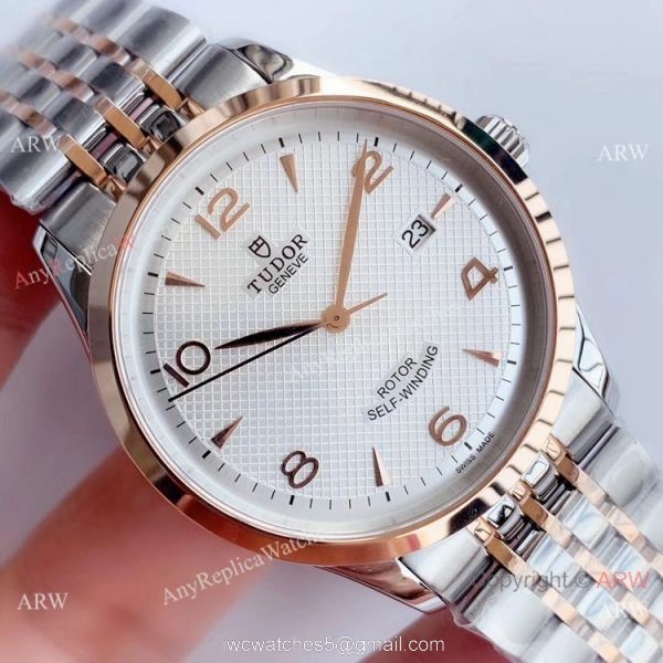 Swiss Grade 1 Tudor Geneve Rotor Self Winding Watch Two Tone Rose Gold White Face 3