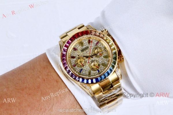 42mm Rolex Daytona Rainbow Replica Watch Gold Case Diamond Dial 3