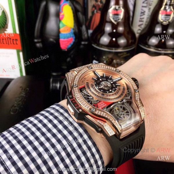 Swiss Quality Hublot Tourbillon Skeleton MP-09 Bi-Axis Watch Rose Gold Diamonds 3