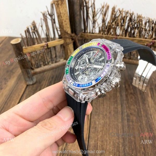 Hublot Big Bang Unico Replica Watches Rainbow Bezel Skeleton Dial Hublot Clear Watch 3