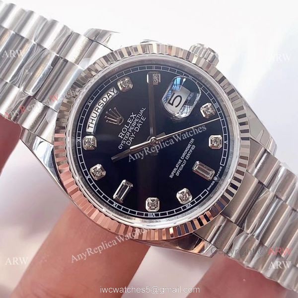 (EW)AAA Fake Rolex Presidential Day-Date Black Dial Stainless Steel Watch Swiss 3255 Movement 3