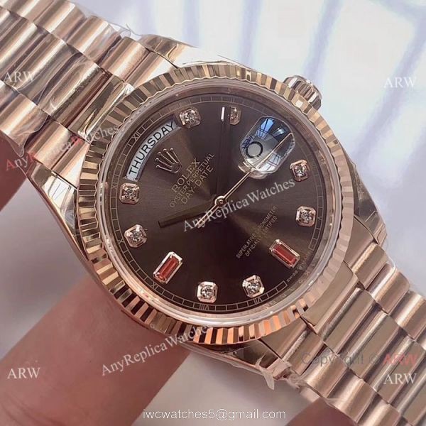 Swiss Grade 1 Fake Rolex Presidential DayDate Rose Gold Brown Dial Watch EWF Swiss 3255 3