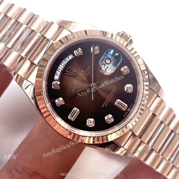 Swiss Replica Rolex DayDate Rose Gold D-Brown Dial Watch EW Factory 3255 3