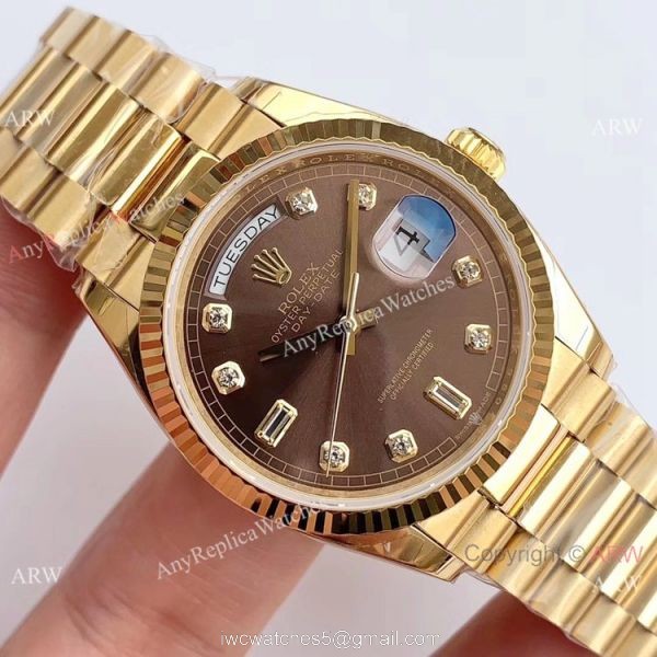 (EW Factory )Rolex Oyster Perpetual Day Date Fake Watch ETA3255 Gold President Brown Diamond Dial 3