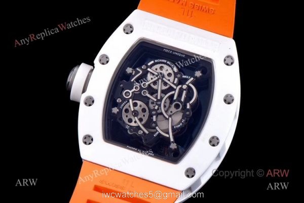KV Factory Swiss Replica Richard Mille Bubba Watson RM 055 White Ceramic Automatic Watch Orange Rubber Band 3